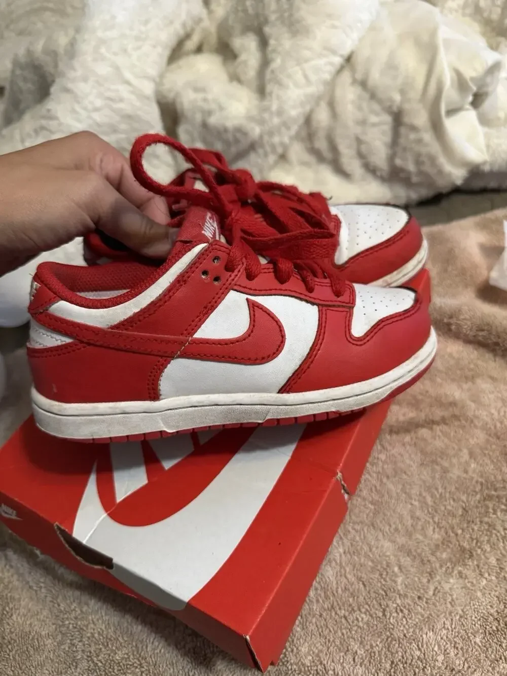 Nike Dunk Low Red/White Leather Lace-Up Low Top Sneaker Unisex Kids US 13